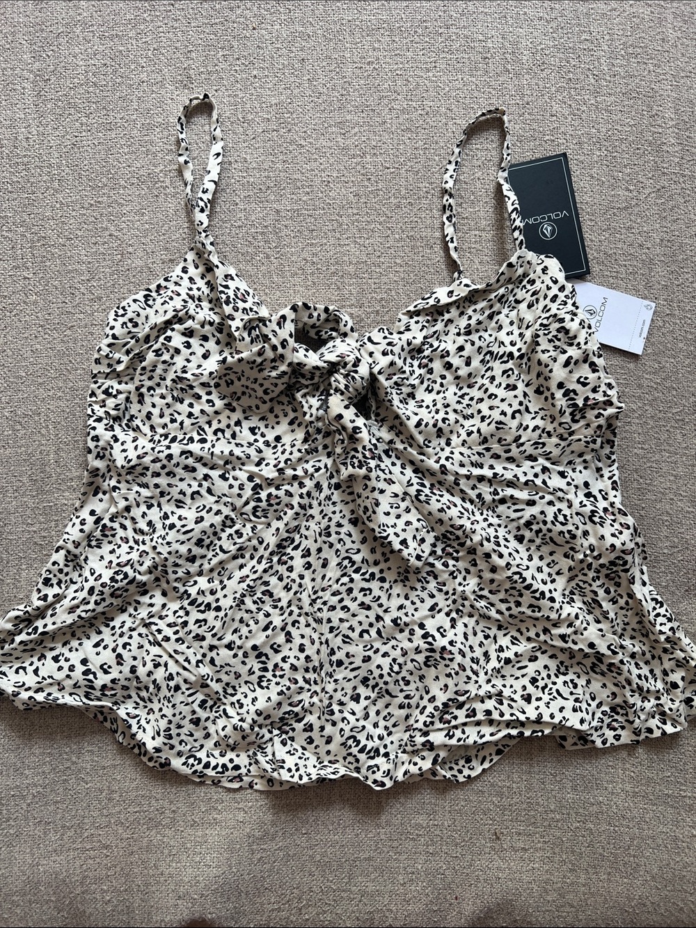 Volcom Cream and Black Leopard Tie-Front Camisole Top